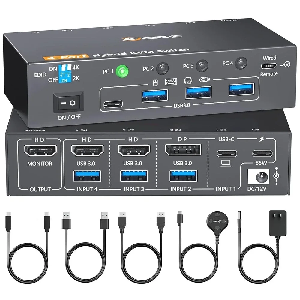 KCEVE 4K KVM‎ Switch 4 Computers 1 Monitor HDMI USB-C DP EDID USB 3.0 60H